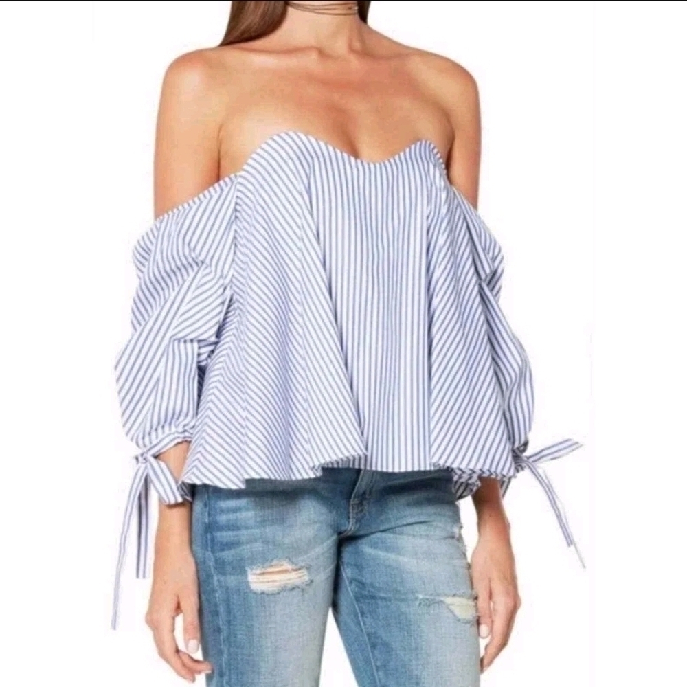 Caroline Constas Gabriella DO+BE Blue and White Striped Off-Shoulder Blouse